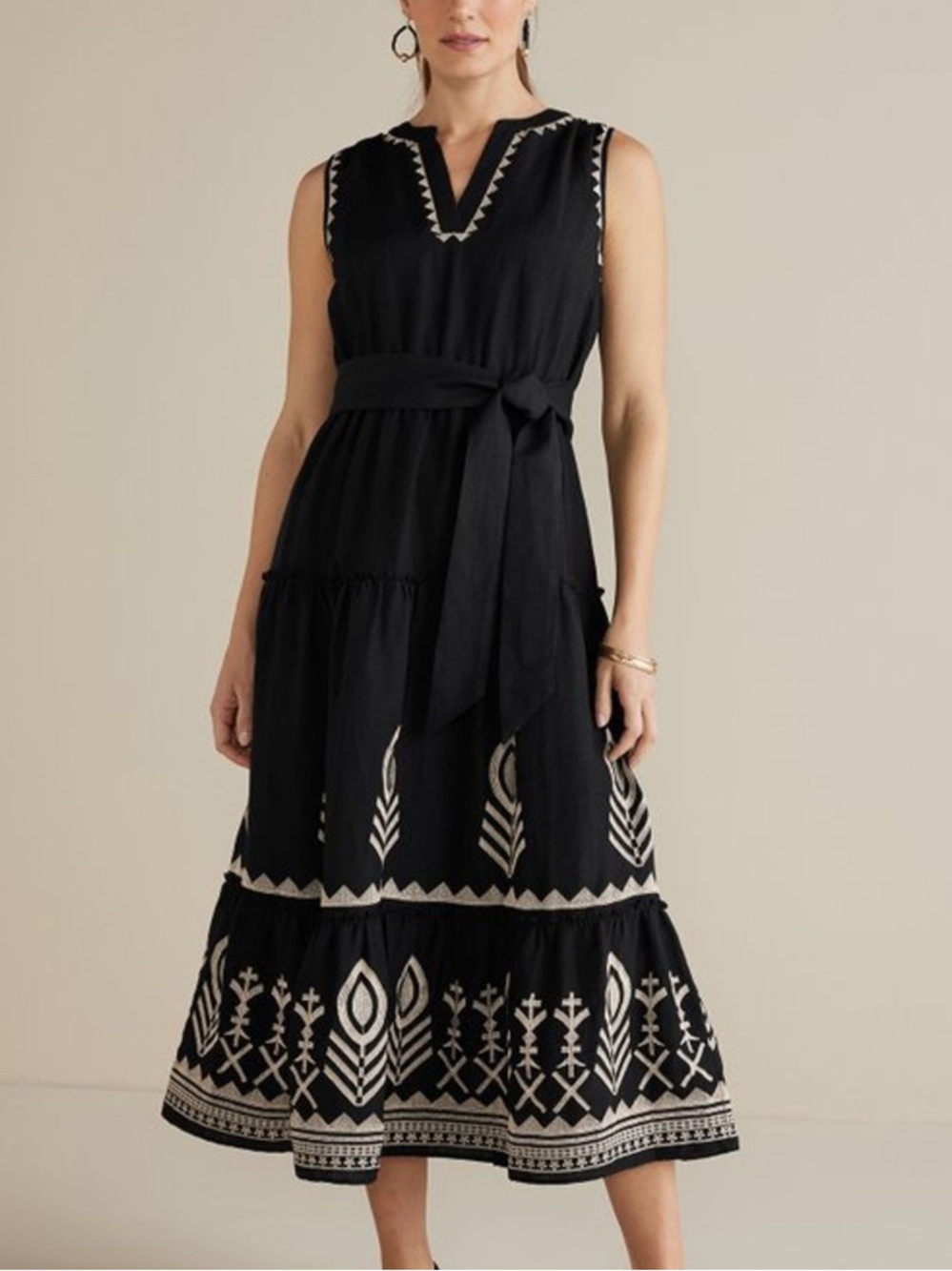 Soft Surroundings Womens Embroidered Linen Blend Sleeveless‎ Midi Dress Petite S